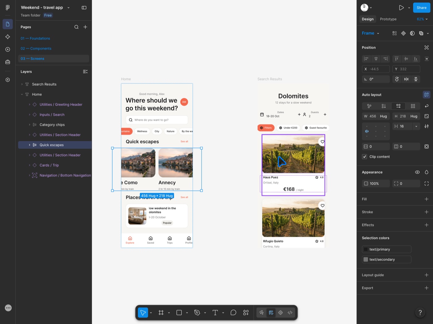 A Figma file in Mouselook: the Quick escapes group selected, and a card on another screen highlighted under the pointer