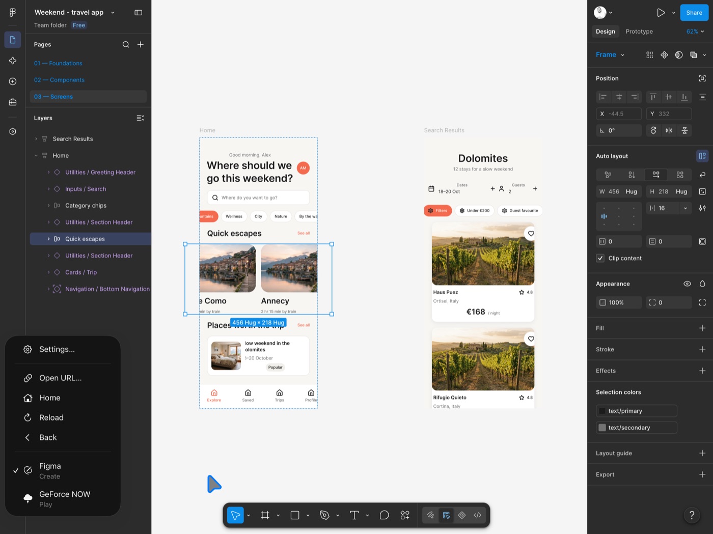Mouselook's ⋯ menu open over a Figma file, listing Figma and then GeForce NOW