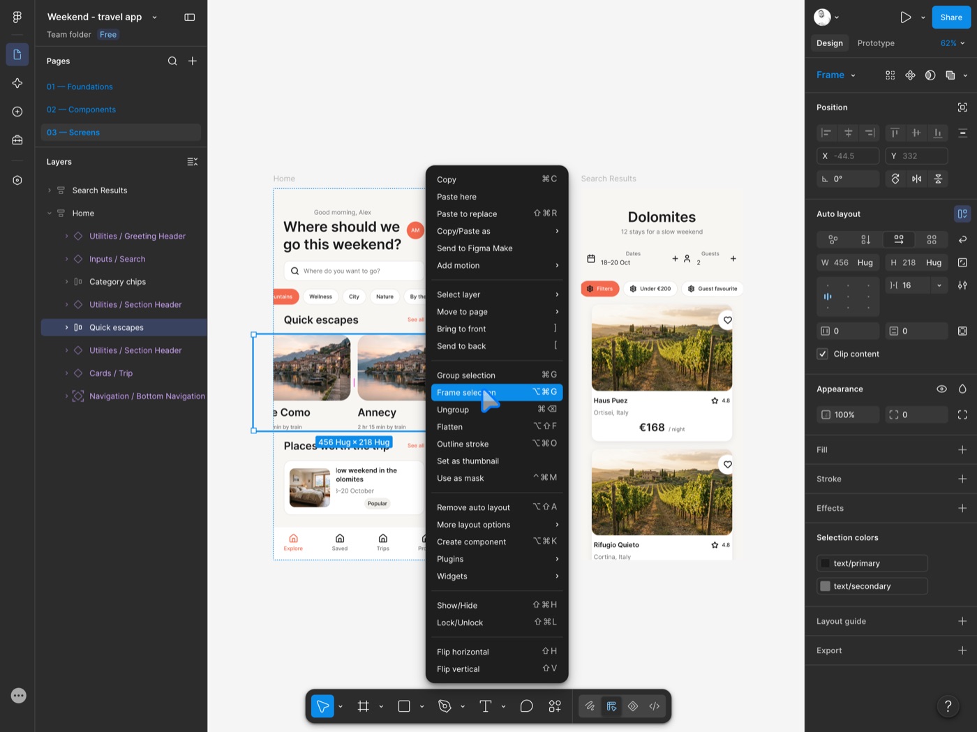 Figma's context menu open over a selected group in Mouselook, with Frame selection highlighted