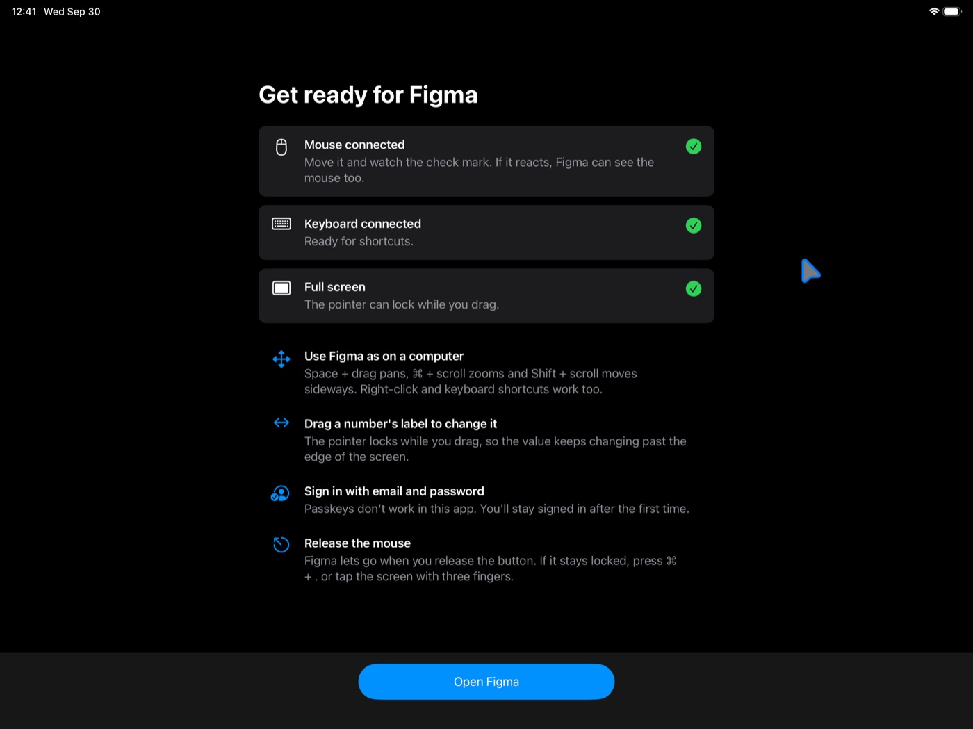 Mouselook's Get ready for Figma screen: mouse, keyboard and full screen checked, then tips for using Figma as on a computer