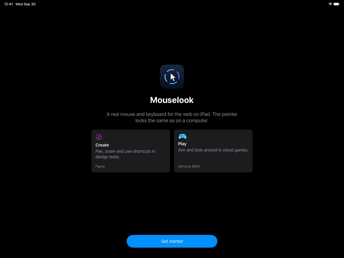 Mouselook's welcome screen with two cards: Create, for design tools, and Play, for cloud games